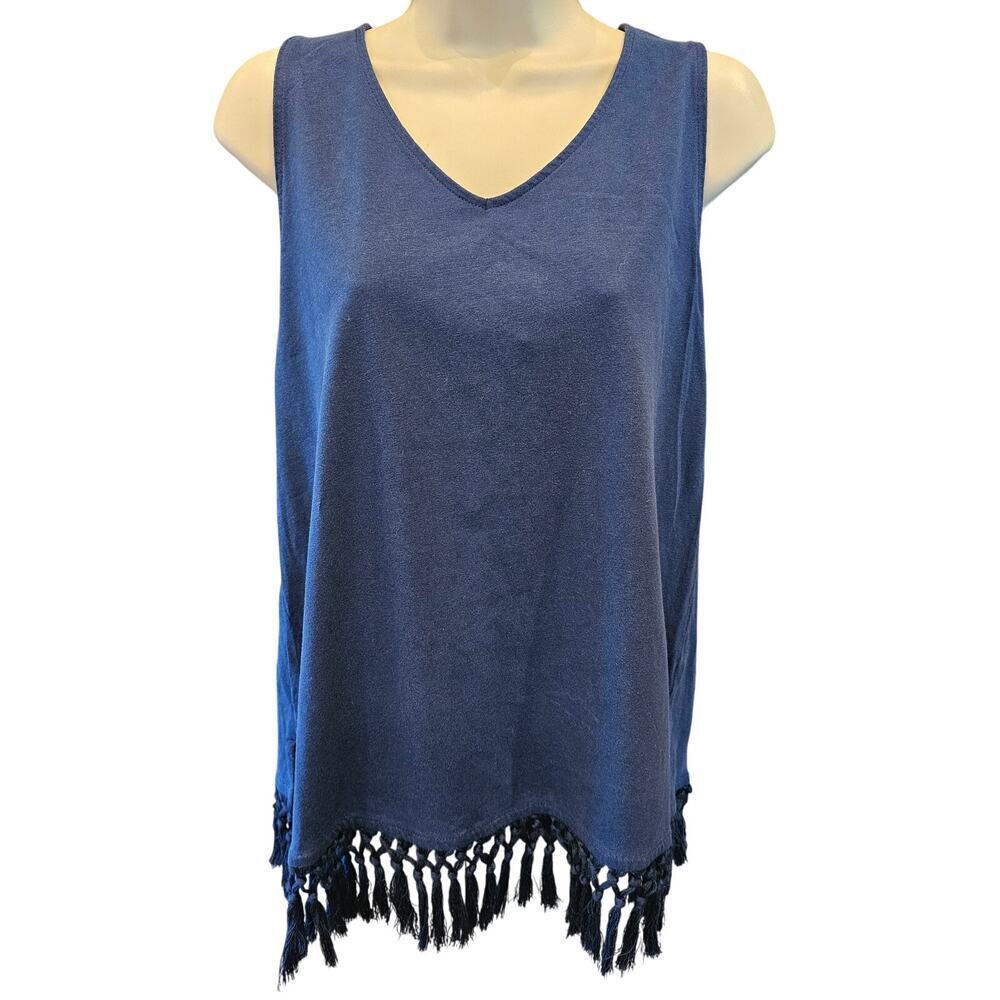 J. Jill sz M navy blue linen blend tassle trim sleevless tank layering blouse